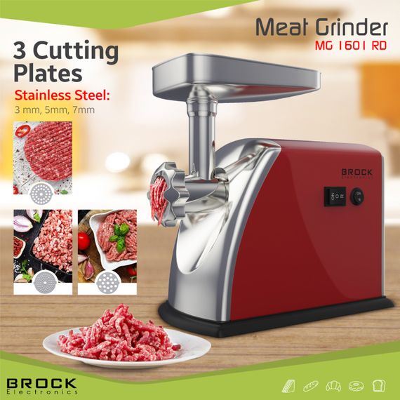 М'ясорубка BROCK  MG 1601 RD 1400Вт/2кг/хв/реверс/3 решітки/насадка для ковбас/кеббе/3 терки/червона | Зображення 1