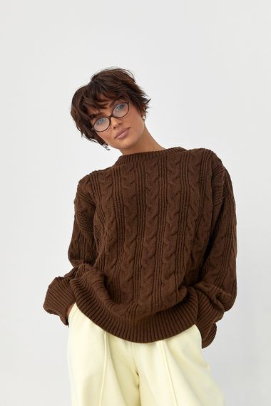 Вільна в'язана кофта в косички - коричневий цвет, ONE SIZE (є розміри) | Зображення 4