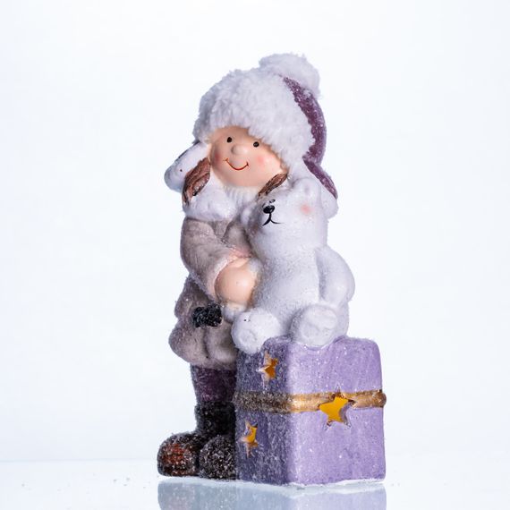 Новорічна фігурка з підсвіткою Дівчинка з ведмежам із фарфору 12×7×20 (см) новорічний декор для дому, квартири на подарунок CR-5-5 | Зображення 2