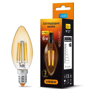 Лампа C37 6W E14 2200К 220V Filament A LED Videx