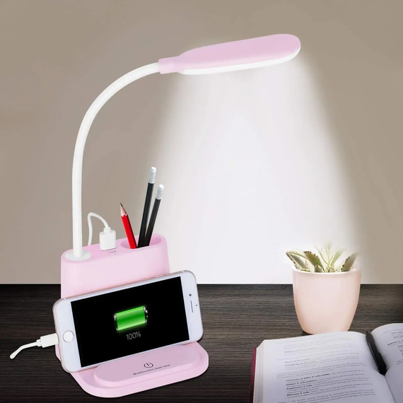Рожева Акумуляторна настільна LED лампа Bionic Desk Lamp c USB виходом, органайзером та підставкою для смартфона | Зображення 2