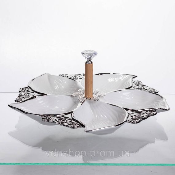 Менажниця порцелянова на 5 секцій для закусок тарілка менажниця 30×30×13 (см) Білий з сріблом 918-44S | Зображення 2