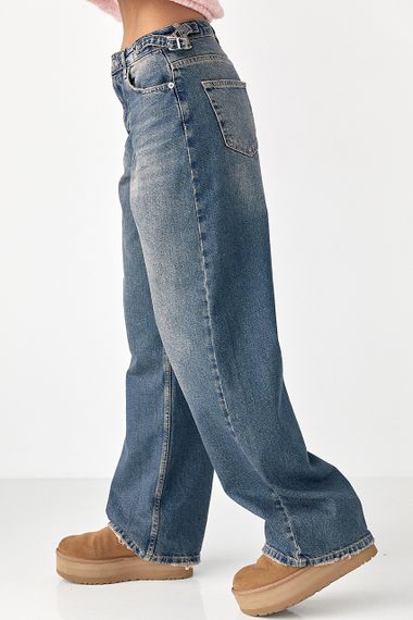 Широкі прямі джинси з затяжками на поясі - синій цвет, 40р (є розміри) | Зображення 4