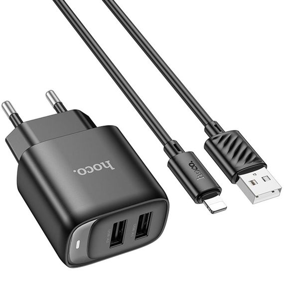 МЗП Hoco C141A Smart 2.1A (2USB-A) + кабель USB to Lightning Black | Зображення 2