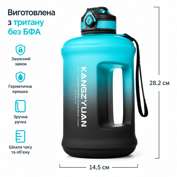 Эко-бутылка KANGZYUAN 1800 мл - Синяя Tritan BPA-free, ударопрочная, спортивная с ручкой и ремешком | Зображення 2