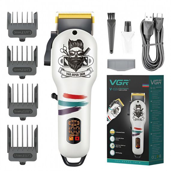 Машинка для стрижки волосся та бороди професійна VGR V-699 з насадками та LED дисплеєм. Колір: білий