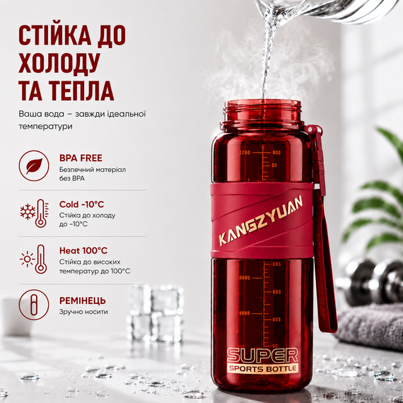 Спортивная бутылка для воды KANGZYUAN 1000 мл Красная, Tritan (BPA Free), ударопрочная с ремешком | Зображення 6