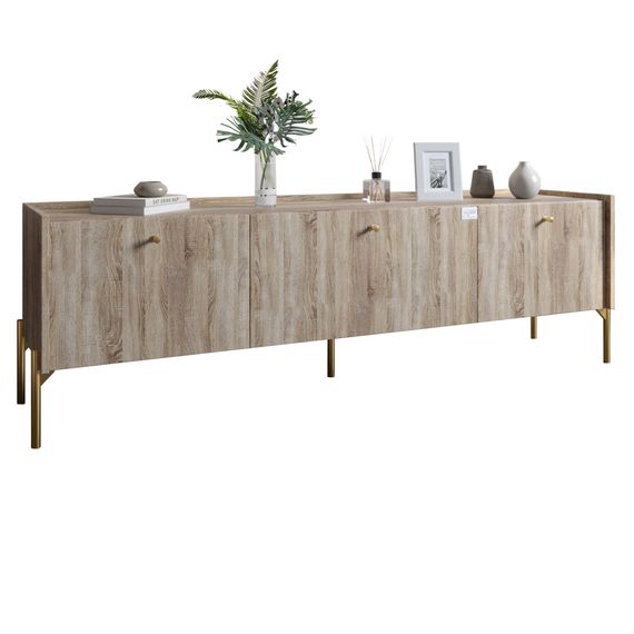 Тумба під телевізор на 3 шухляди LION Wood з золотими ніжками 160х65х40 см Дуб Сонома Трюфель (LION-042995) | Зображення 1