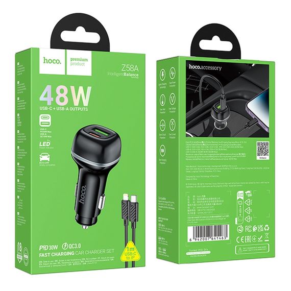Автозарядний пристрій Hoco Z58A 1USB-A QC18W/1USB-C PD30W Total 48 W + Type-C to Lightning | Зображення 1