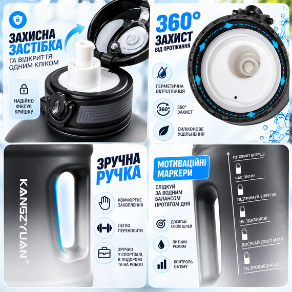Эко-бутылка KANGZYUAN 2500 мл черная - спортивная бутылка для воды с Tritan без BPA, ударопрочная, с ручкой, ремешком и трубочкой | Зображення 5