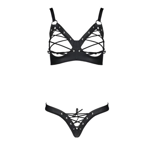 Комплект з екошкіри Passion CELINE BIKINI L/XL black, відкритий бра зі стрічками, стрінги | Зображення 2