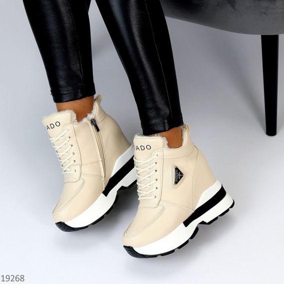 Молодіжні бежеві зимові снікерси на платформі танкетці | Зображення 6