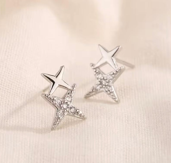Сережки з сяючими зірочками, сережки з камінцями, сережки зірочки, сережки із зірками, сережки з камінчиками, сережки зірки | Зображення 1