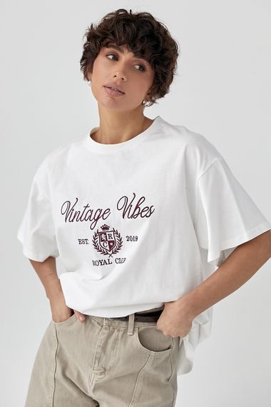 Оверсайз футболка з вишитими написами - білий цвет, ONE SIZE (є розміри)