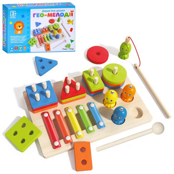 Дерев'яна іграшка Багатофункціональна дошка "Гео-Мелодії" MD 0855 геометрика, ксилофон