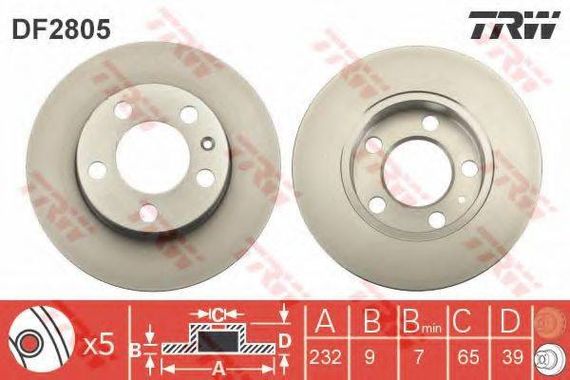 Диск гальмівний AUDI A3, SEAT TOLEDO, SKODA FABIA, OCTAVIA, VW GOLF задн. (вир-во TRW) TRW DF2805 на SEAT IBIZA V (6J5, 6P5)
