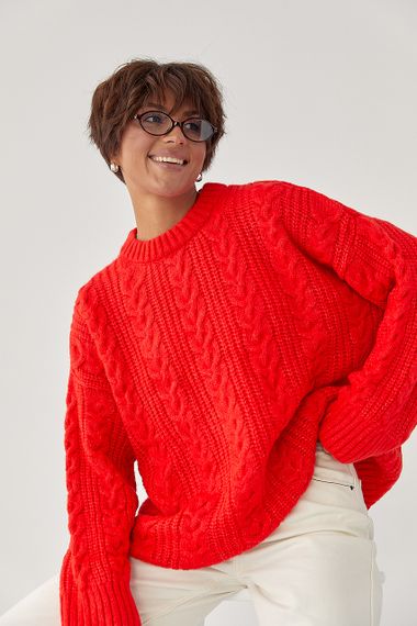 В'язана жіноча кофта в косички - червоний цвет, ONE SIZE (є розміри)