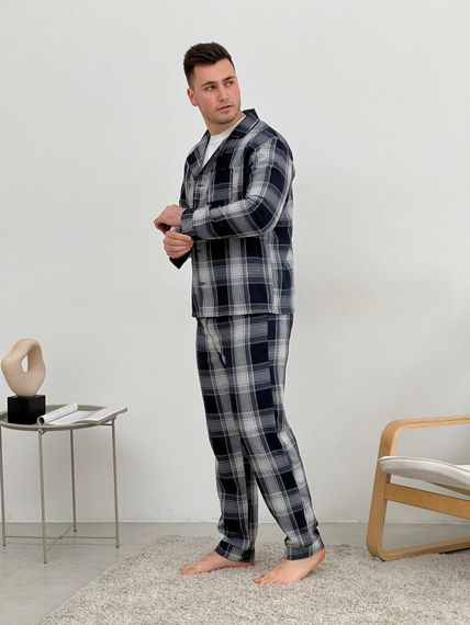 Піжама чоловіча COSY з фланелі (штани+сорочка+футболка) клітина темно-синій/сірий | Зображення 3