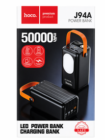 Повербанк HOCO J94A 50000mAh 22.5W - Power Bank з LED дисплеєм, 3×USB + 2×Type-C, вбудовані кабелі 4в1, швидка зарядка, ліхтарик,