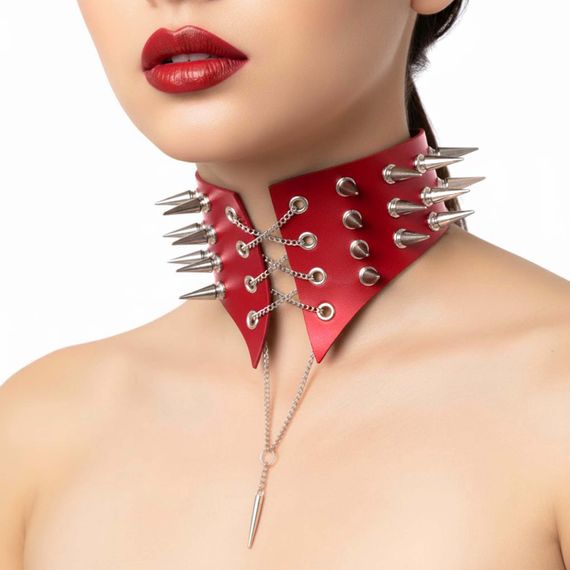 Чокер комір з шипами Art of Sex - Ariadne, натуральна шкіра, колір червоний, XS-M | Зображення 1
