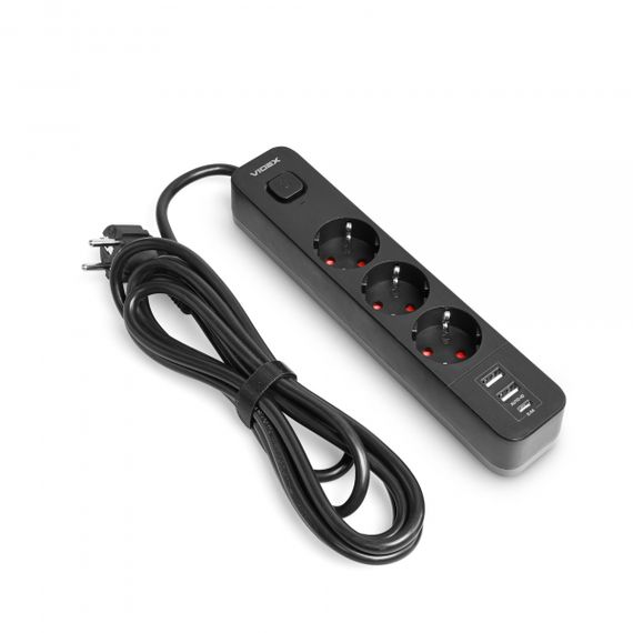 Мережевий подовжувач VIDEX ONCORD з/з 3п 3м (3x1.5мм) 2.4А 2USB+USB-C з кнопкою Black | Зображення 1