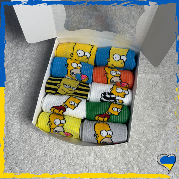 Подарунковий набір шкарпеток бокс чоловічий Сімпсони 10шт. Чоловічі шкарпетки з принтами. На подарунок 41-45