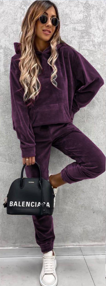 Женский велюровый костюм двойка джоггеры и худи IP445 цвет сливовый, размер S/M