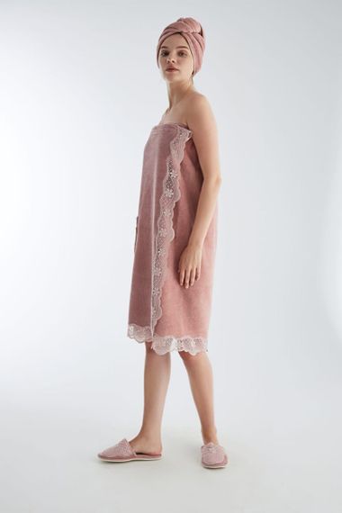 Набор женский Nusa 030-7 для сауны с кружевом, пудровый | Зображення 2