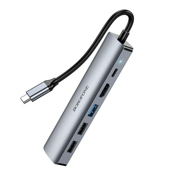 Хаб USB Borofone DH16 6-в-1 Type-C to HDMI+PD+USB3.0+USB2.0*2+RJ45(L=0.15M) Колір Сiрий | Зображення 4