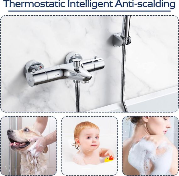 Термостатичний змішувач для ванни SINKTORY із захистом 38℃, з двома виходами води, латунний, хромований | Зображення 6