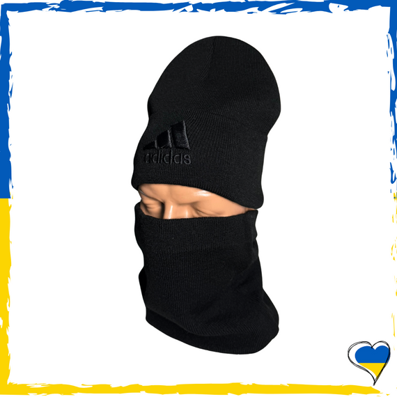 Комплект черный Adidas шапка и бафф на флисе унисекс. Набор теплый. Мужской, женский, подростковый, детский