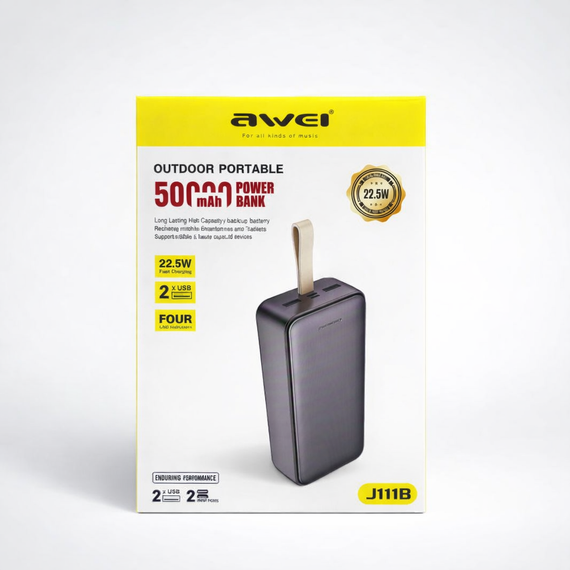 Повербанк Awei J111B 50000 mAh, 22.5W — портативний зовнішній акумулятор зі швидким заряджанням, 3 виходи, Li-Pol, чорний | Зображення 9