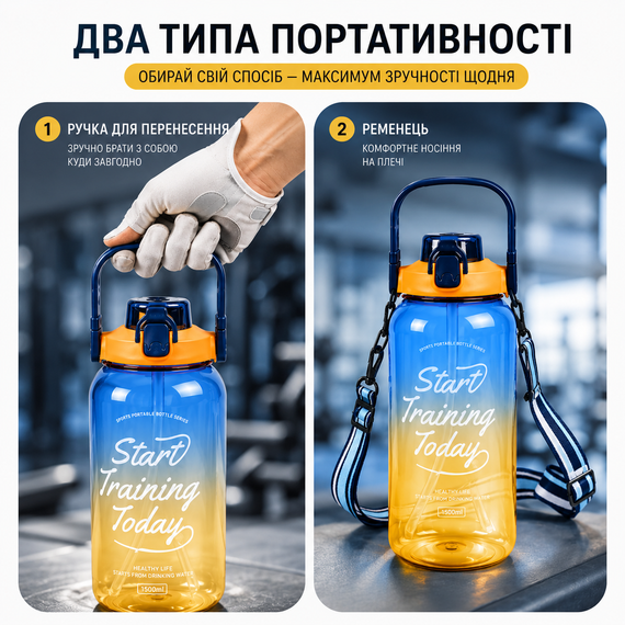 Спортивная бутылка для воды 1500 мл (1.5 л) с трубочкой и ремешком, Градиент Желто-Синий | Зображення 3