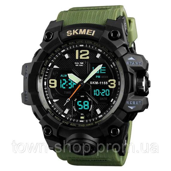 Часы наручные мужские SKMEI 1155BAG, часы тактические противоударны, армейские часы. Цвет: зеленый | Зображення 1