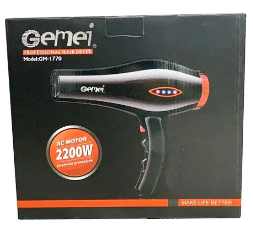 Фен для сушіння укладання волосся Gemei GM 1770 2200 Вт електрофен Чорний | Зображення 7