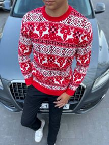 Мужской новогодний свитер с оленями низкий воротник PA2658 цвет красный, размер L