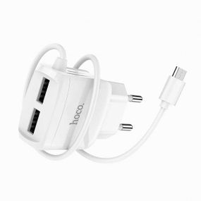 Мережевий зарядний пристрій Hoco 2хUSB із вбудованим кабелем micro White (C59A)