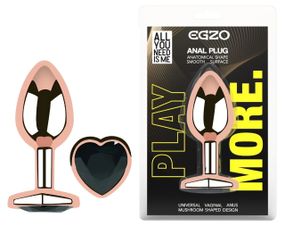 Анальная пробка EGZO Rose Gold Heart Plug с черным сердечком, металлическая, размер S, с кристаллом Sex Aura