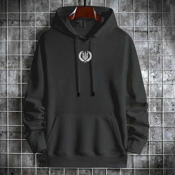 Мужской теплый худи на флисе с принтом Тризуб OC2233 цвет черный, размер XS