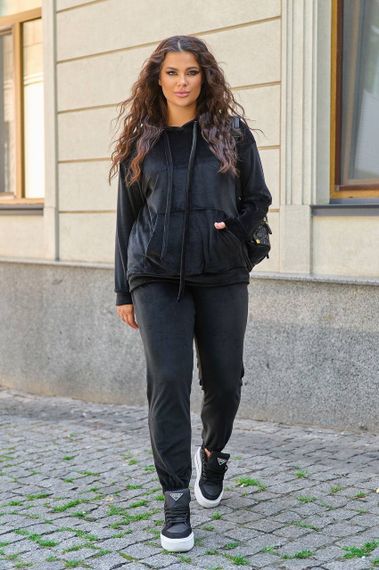 Женский велюровый спортивный костюм худи и штаны, большие размеры и батал, SS160 цвет черный, размер 48/50