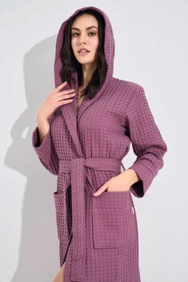 Женский вафельный халат Nusa 4160 c капюшоном, грязно-розовый S | Зображення 1