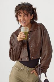 Коротка куртка зі шкірозамінника - темно-коричневий цвет, M (є розміри)