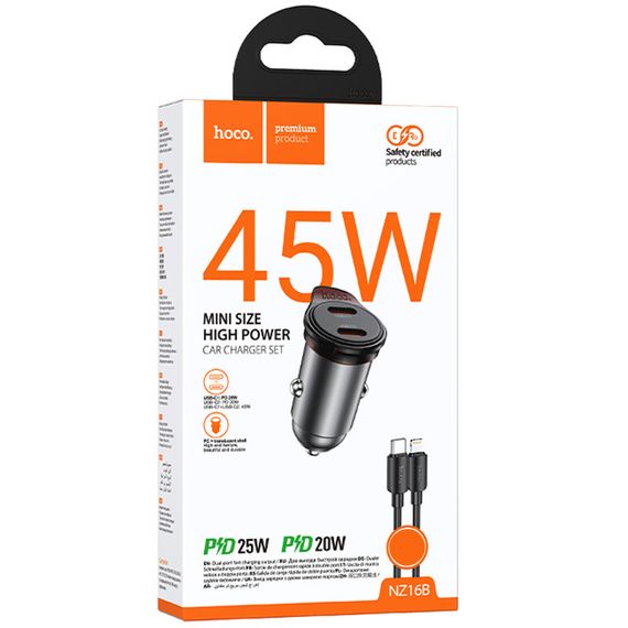 АЗП Hoco NZ16B Rigorous PD45W (2USB-C) + кабель Type-C to Lightning Metal grey | Зображення 1