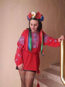Блузка женская , красная с вышивкой , цветы , "маки с виноградом" шифон