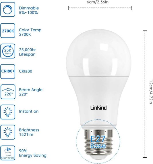 Світлодіодна лампа Linkind E27, пачка 3 шт., тепле біле світло (2700 К), 1521LM A60, матова | Зображення 1