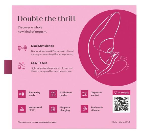 Вагинально-клиторальный стимулятор Womanizer Blend Vibrant Pink, вибрация + вакуум, 2 мотора | Зображення 7