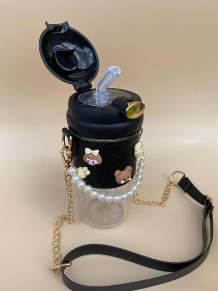 Дитяча пляшка для води  з ремінцем і стікерами  чорного кольору 580 мл | Зображення 2