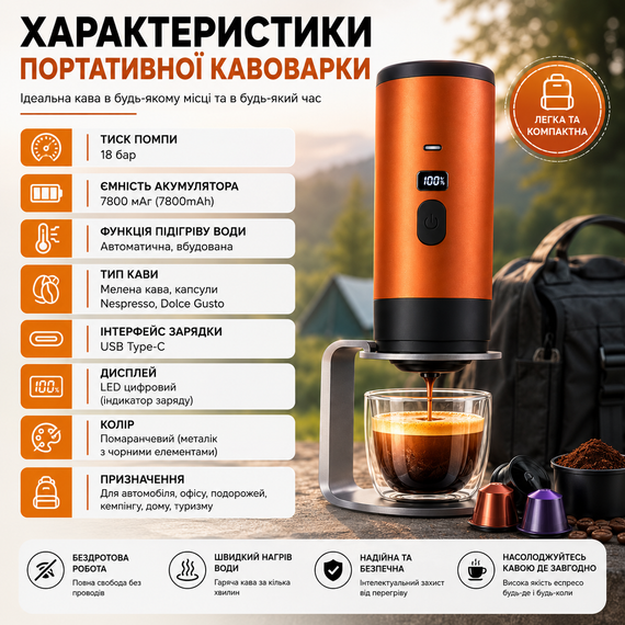 Портативная кофеварка с подогревом 18 бар, аккумулятор 7800 мАч для капсул и молотого кофе, Беспроводная, Оранжевая | Зображення 1