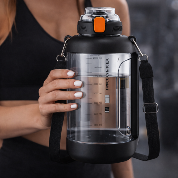 Спортивная бутылка для воды Tritan 2200 мл с ручкой и ремешком, Черная (Тритановая бутылка большой емкости) | Зображення 3