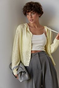 Легкий в'язаний кардиган на ґудзиках із капюшоном - лимонний цвет, ONE SIZE (є розміри)